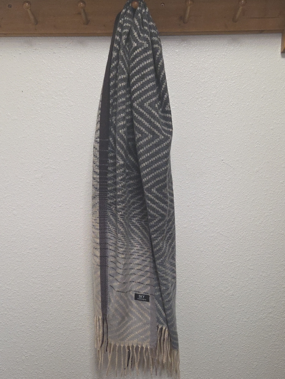Sky Cashmere Gray and Cream Zigzag Fringe